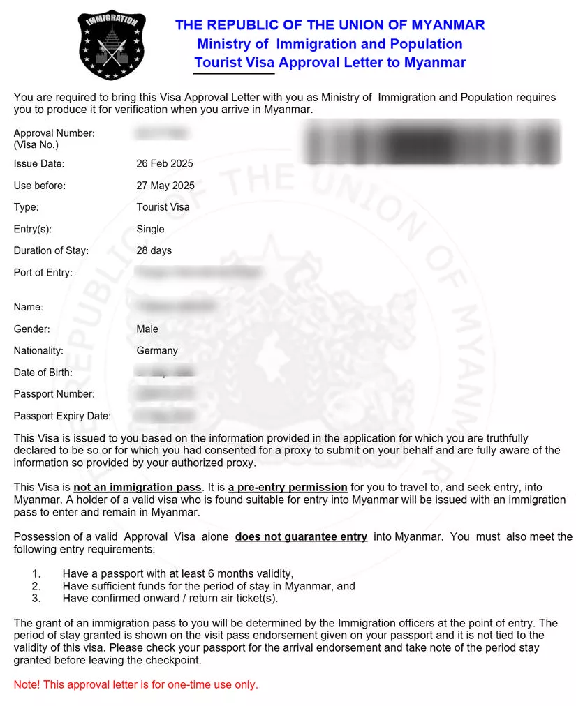Sample Myanmar eVisa Tourist Visa Approval Letter
